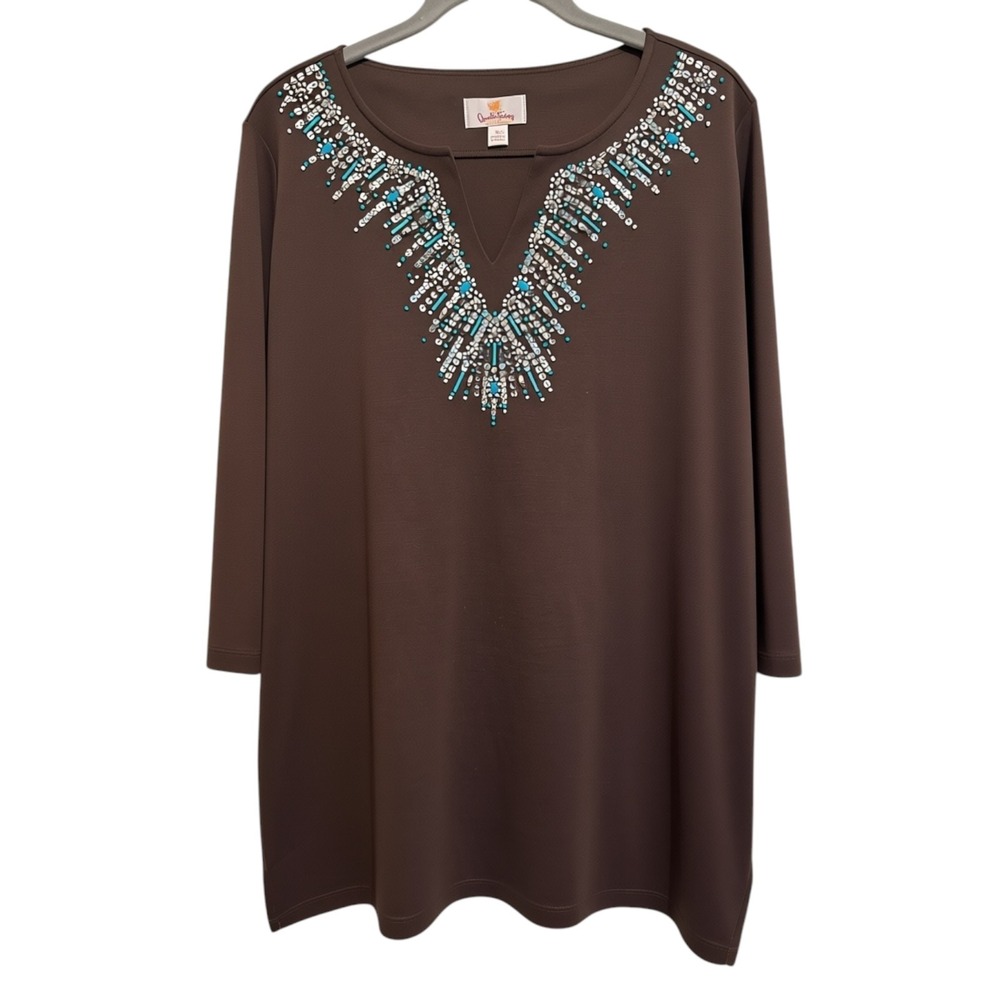 Quacker Factory Tunic Top Women's XL Brown Beaded Sequin Boho Sparkle Tunic